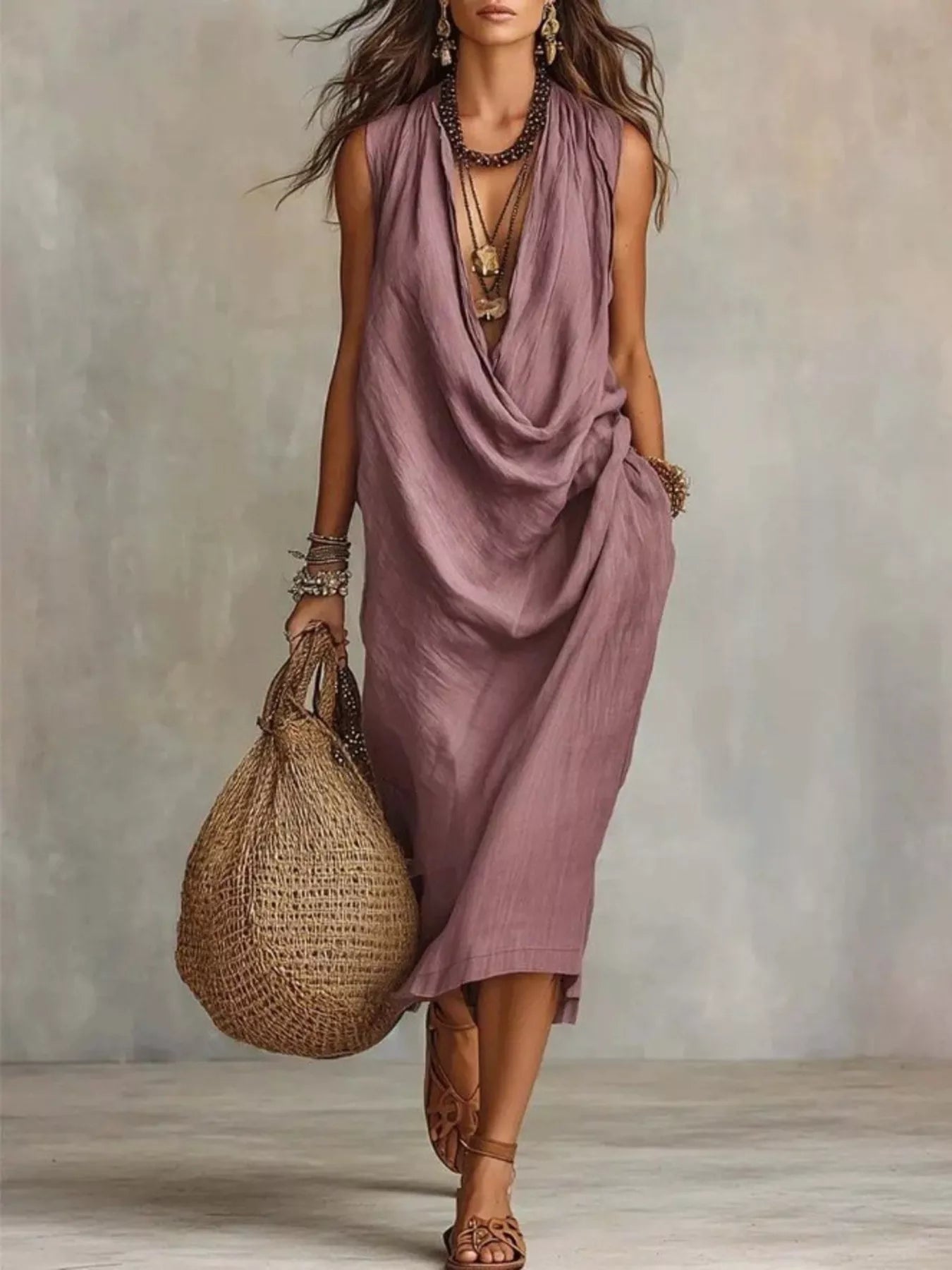 Plus size sleeveless cowl neck midi dress by Trendsi, featuring a flowing silhouette and elegant design in full size.