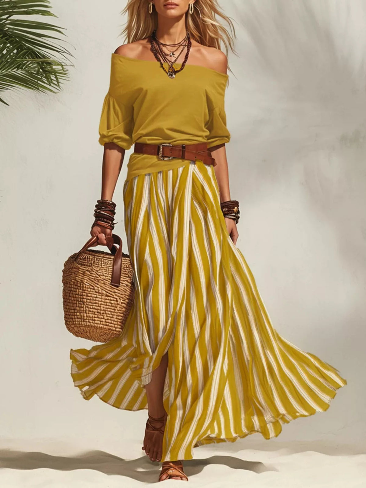 Off shoulder top and striped maxi skirt set from Plush Fashion Hub, stylish matching outfit displayed on a model.
