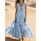 Sleeveless loose umbrella skirt maxi dress by FitiqueFit in cotton-linen style, featuring a flowy silhouette and casual design.