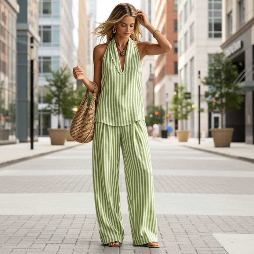 Women's striped sleeveless top and wide-leg pants set by FitiqueFit, casualwear with a stylish, relaxed fit.