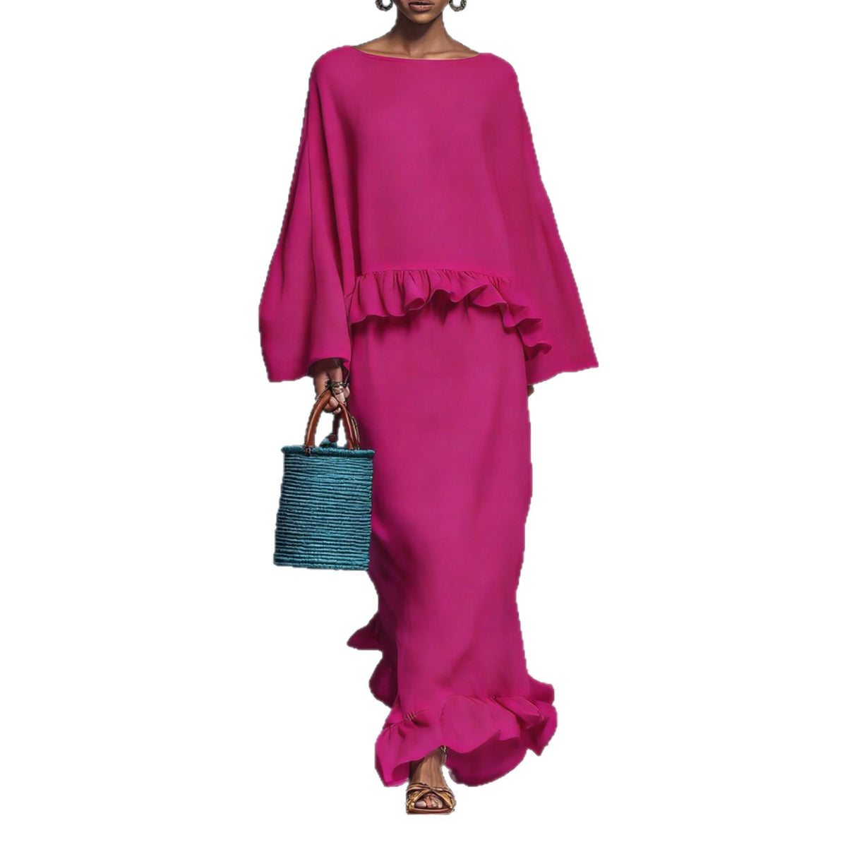 Plush Fashion Hub modern solid long sleeve top and irregular skirt set, stylish casual outfit with long sleeves and asymmetric skirt design.