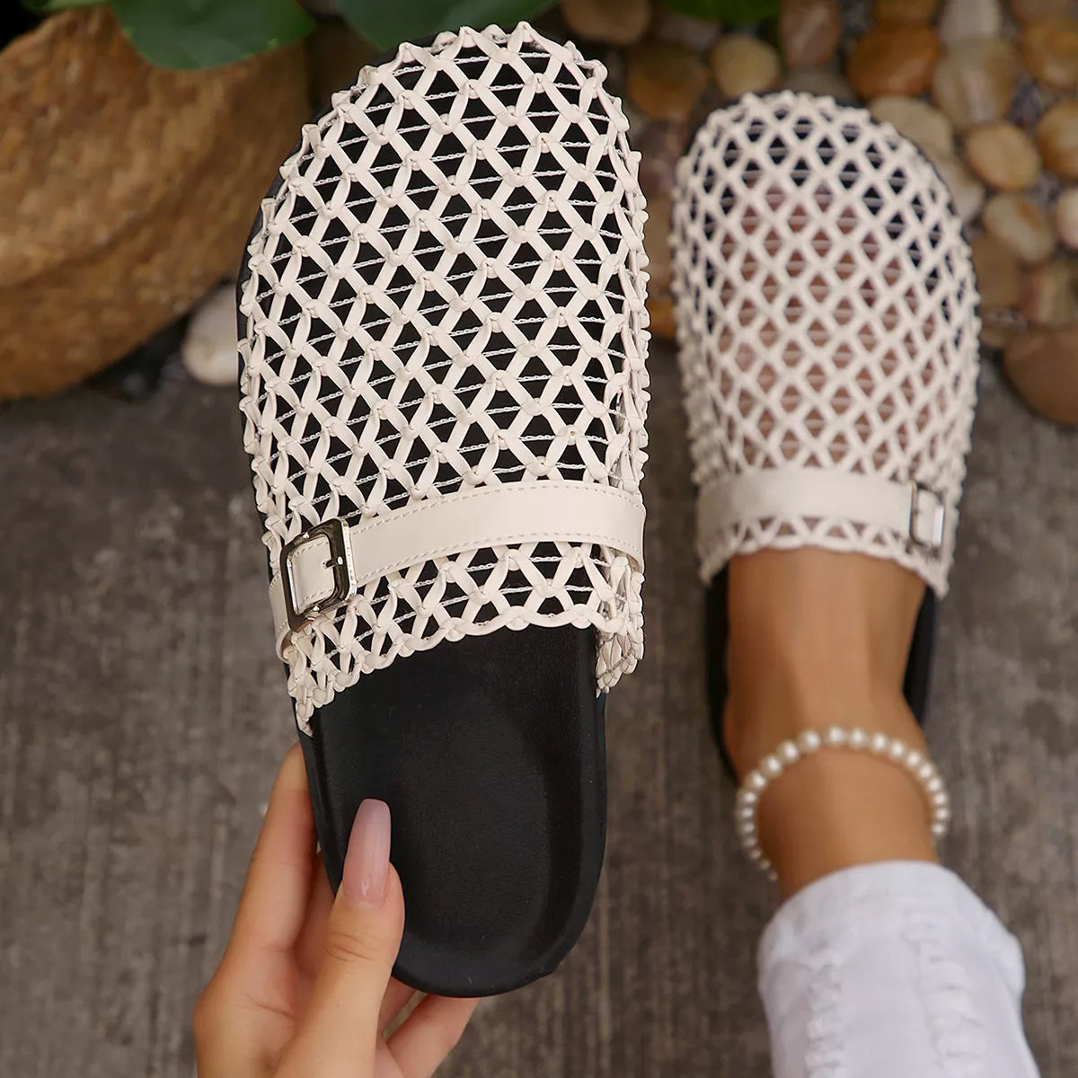 Plush Fashion Hub round toe buckle sandals with ankle straps, showcasing stylish open-toe design and metallic buckle accents
