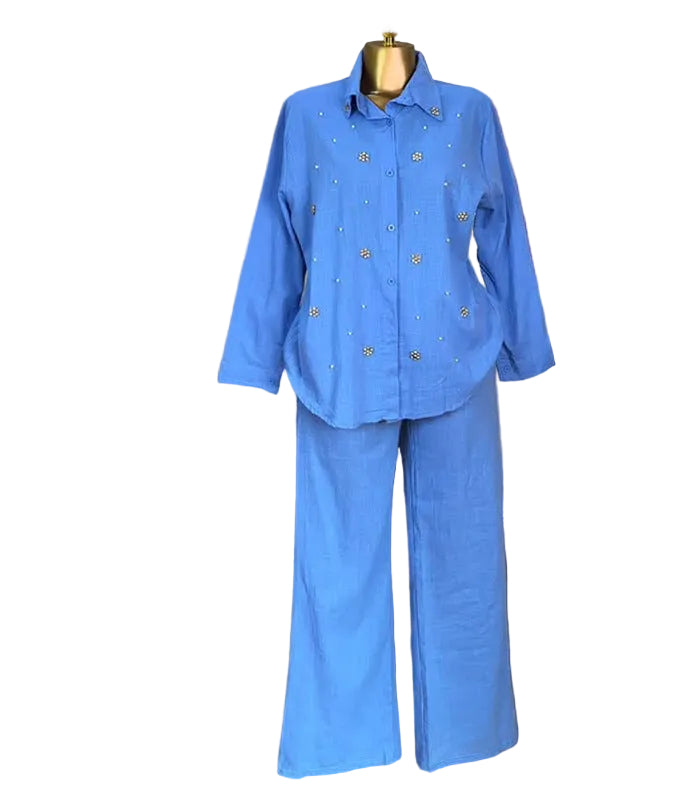 Beaded long sleeve top and high-waist pant set by Plush Fashion Hub, stylish and coordinated women's outfit, front view.