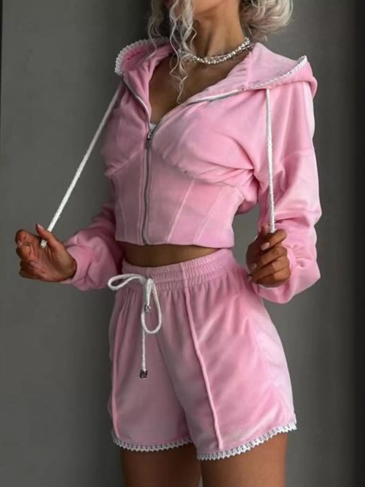 Plush Fashion Hub zip-up hooded outerwear and matching shorts set, soft plush fabric, casual loungewear for women.