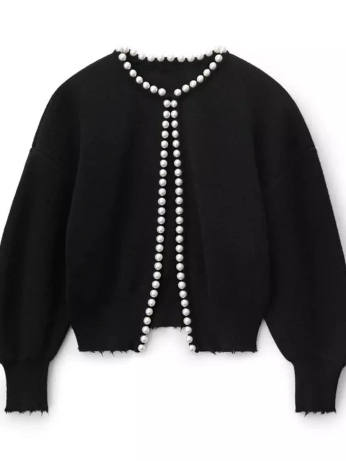 Pearl-trimmed open front women's cardigan by Trendsi, featuring a soft knit fabric and stylish pearl accents on the hem.