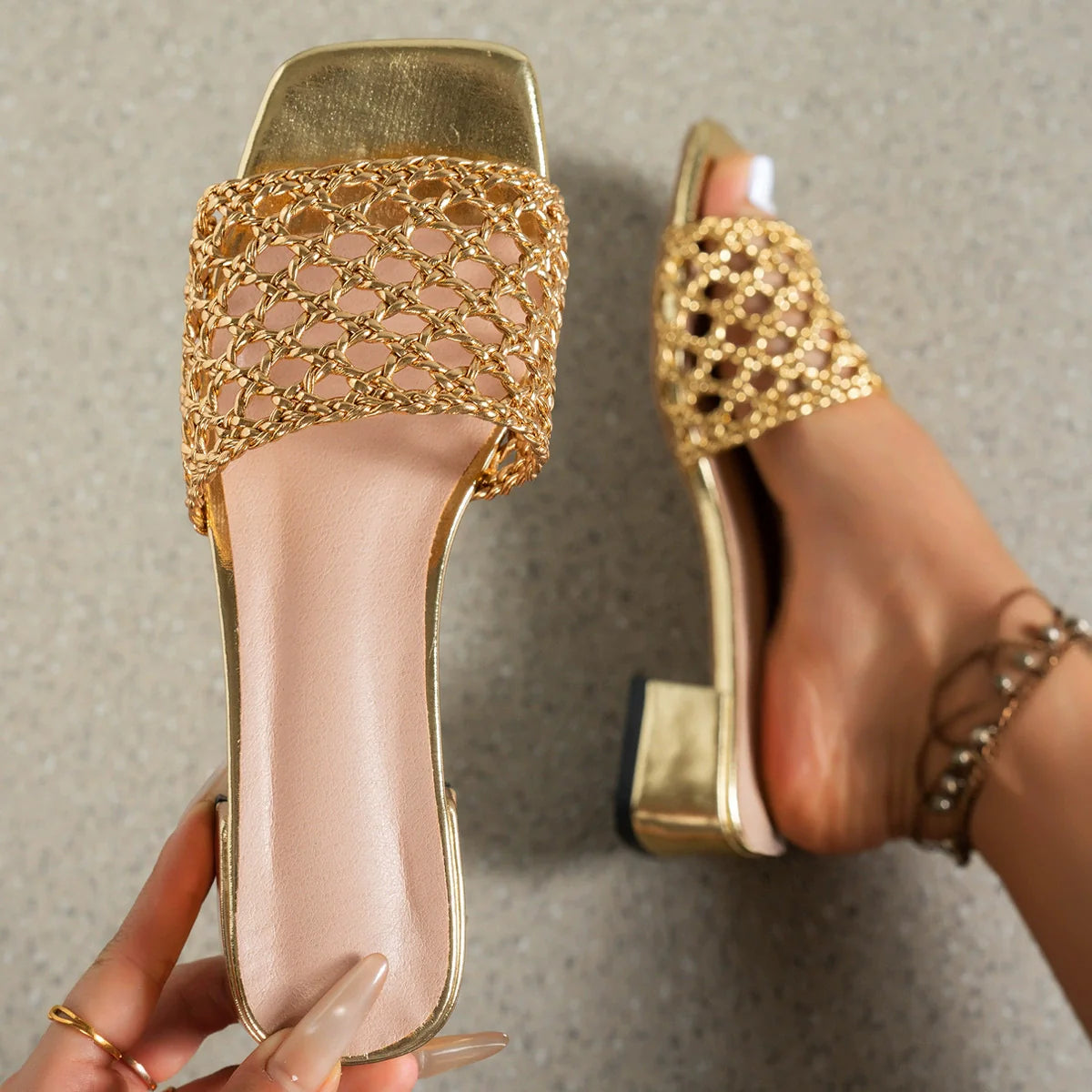 Plush Fashion Hub woven block heel sandals with beige straps and sturdy woven heel, stylish summer footwear for women.