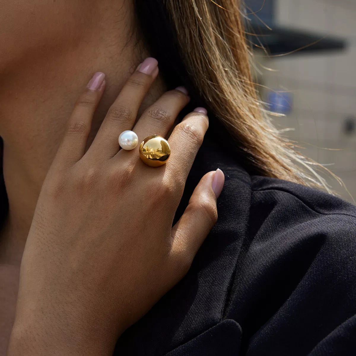 18K gold-plated open ring with a decorative orb and pearl accent, featuring a stylish and elegant design from Plush Fashion Hub.