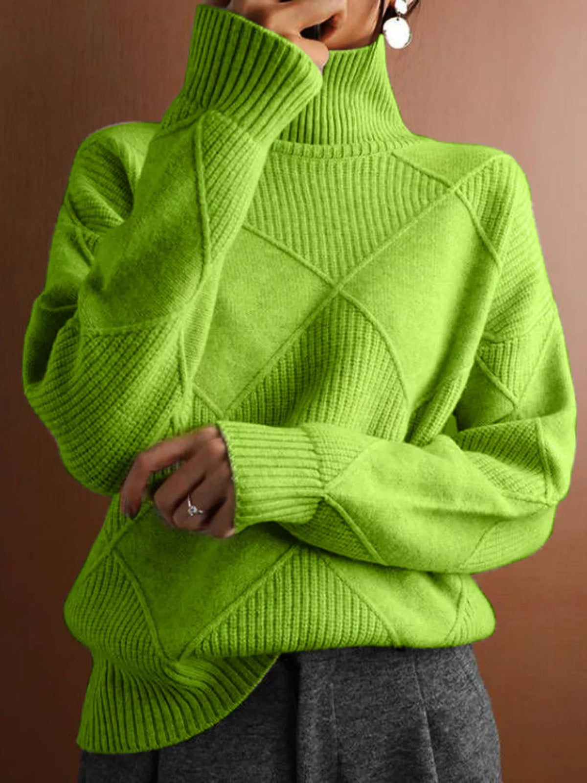 Argyle pattern turtleneck sweater by Trendsi featuring a classic multicolor diamond design and cozy knit fabric.