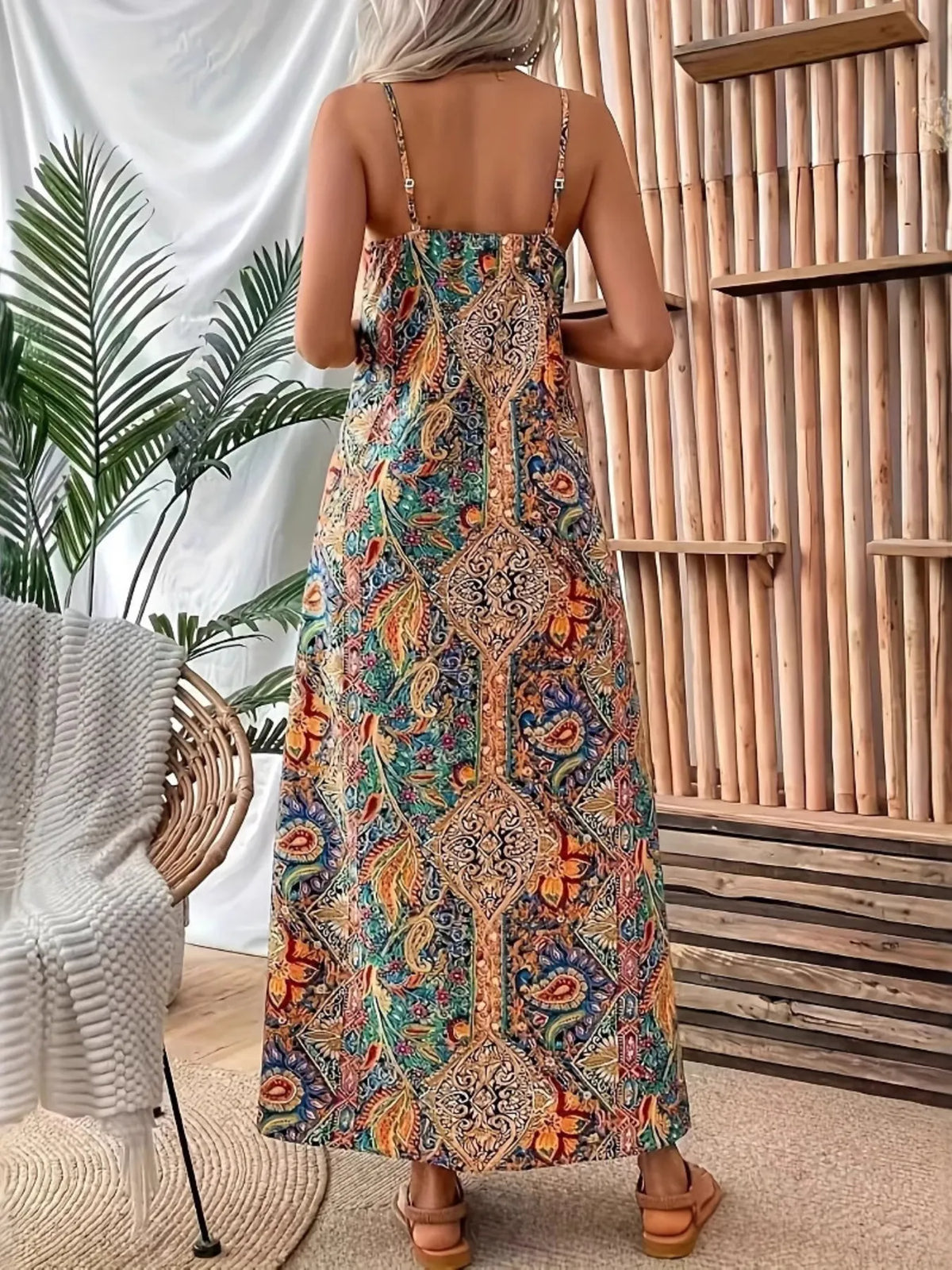 Paisley print V-neck maxi dress by Plush Fashion Hub featuring flowing fabric and a stylish length for elegant summer wear.