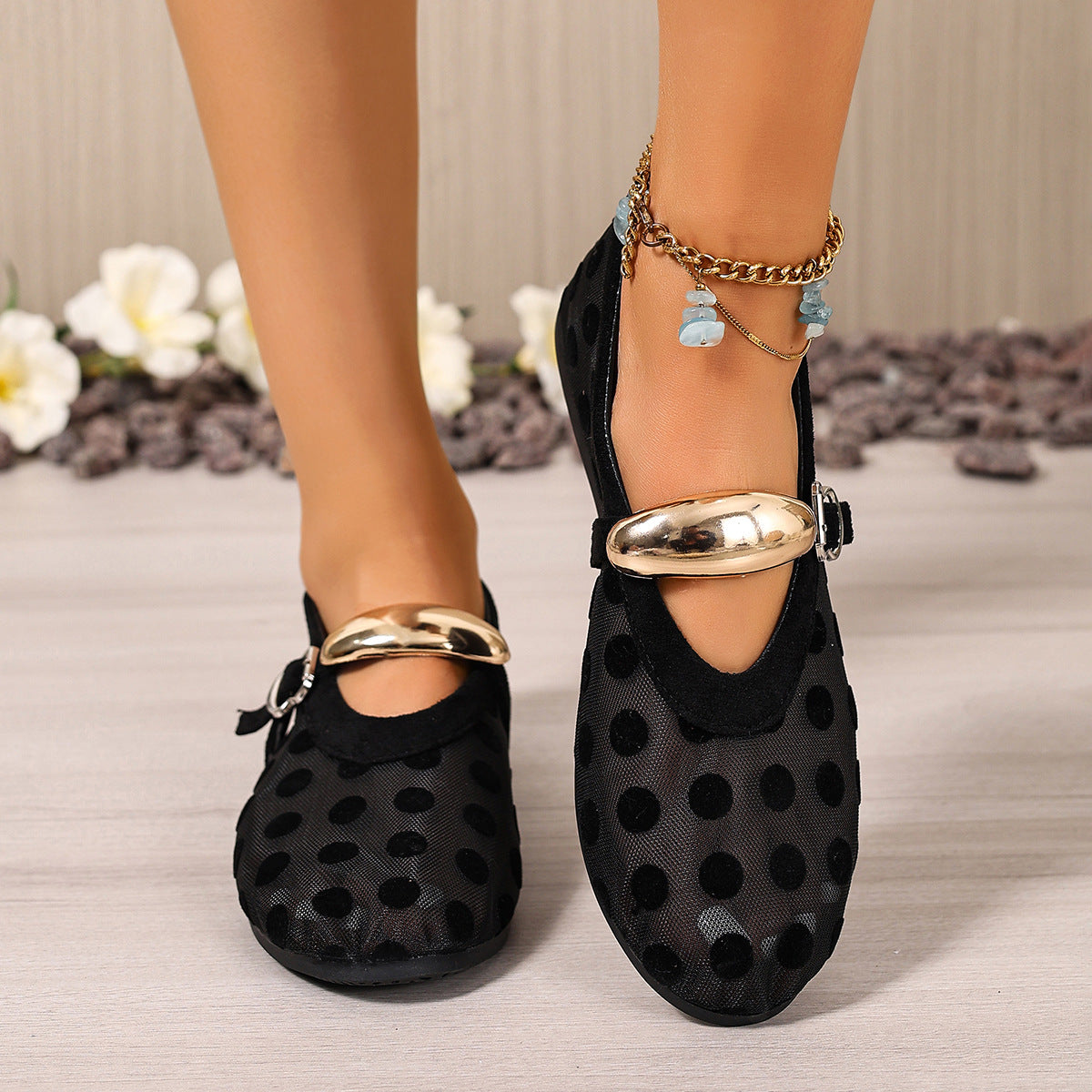 Women's polka dot mesh slip-on lightweight casual walking shoes by Plush Fashion Hub, featuring breathable mesh and comfortable design.