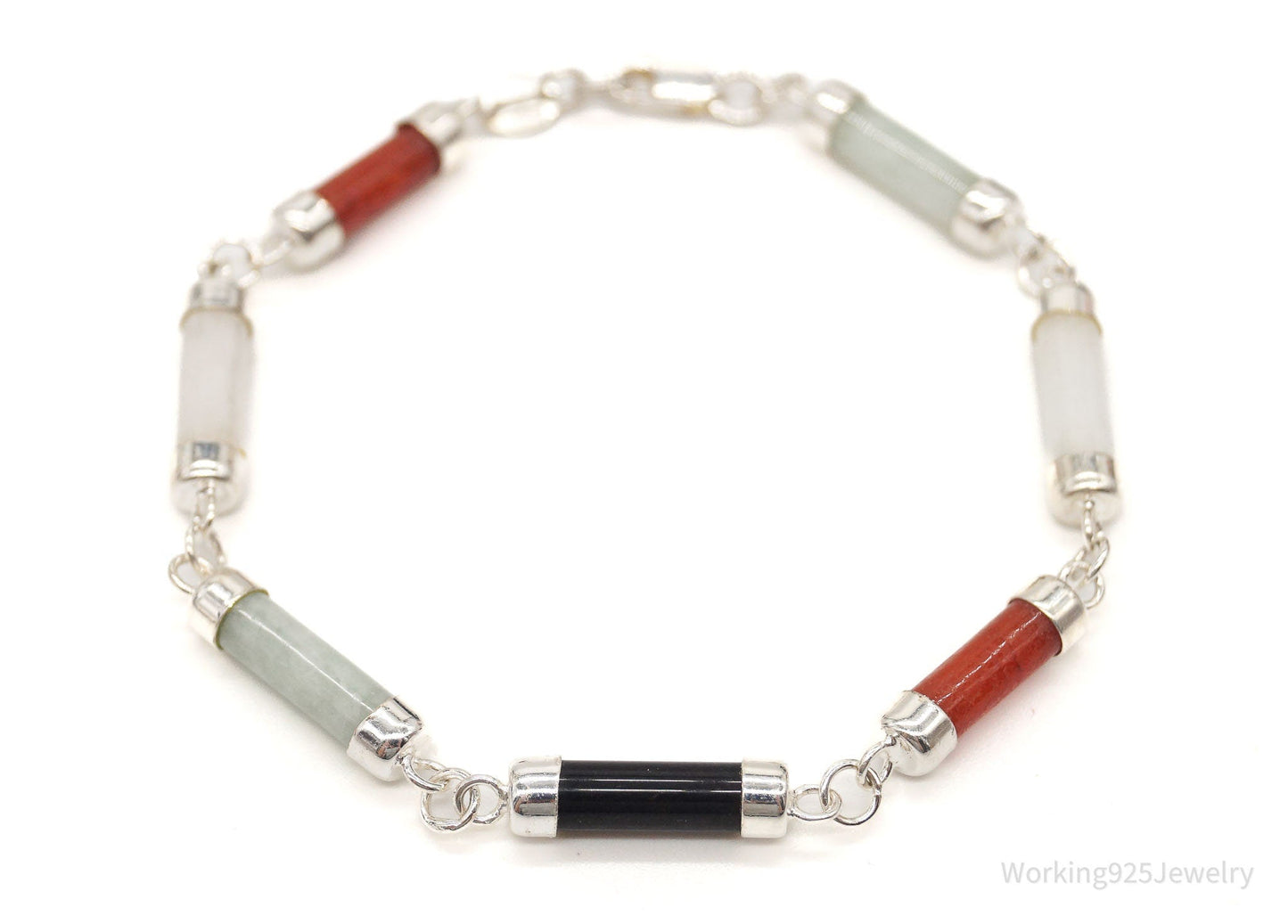 Vintage Jade Coral Black Onyx Sterling Silver Bracelet Working 925 Jewelry