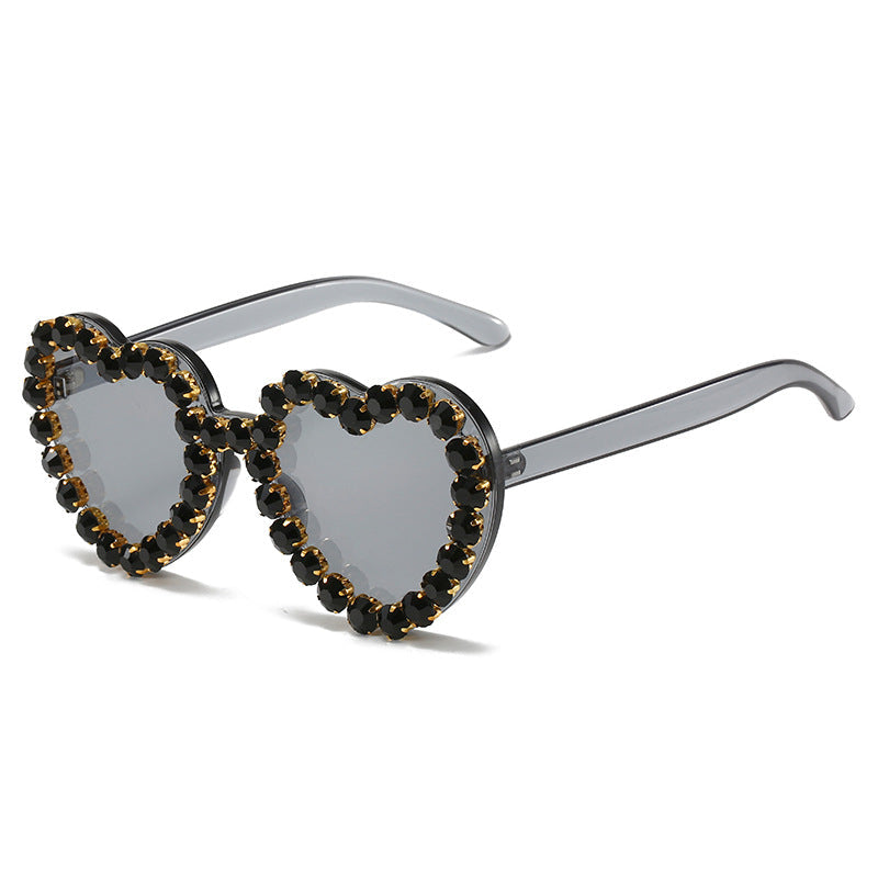 Peach heart-shaped rhinestone sunglasses by FitiqueFit, Y2K INS style eyewear with sparkling rhinestone details and trendy design.