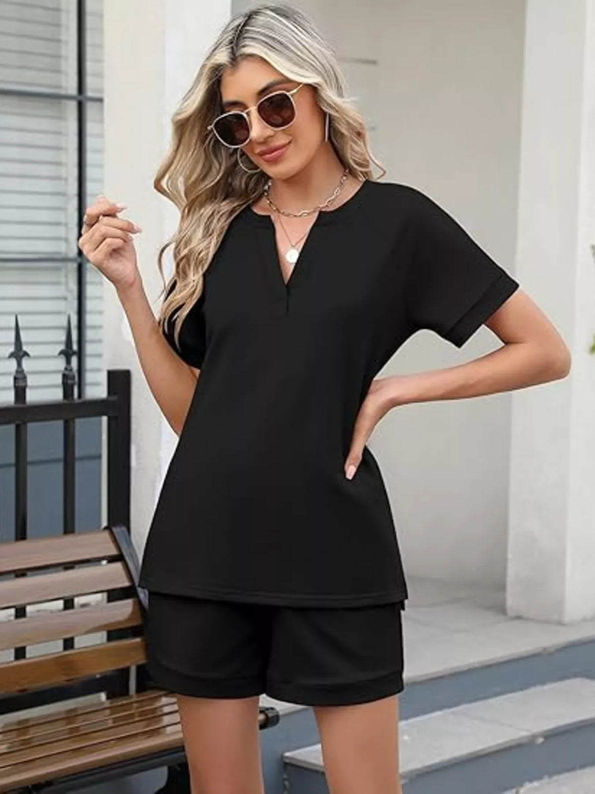 Plush Fashion Hub solid color short sleeve top and matching shorts two-piece apparel set, casual summer outfit for women.