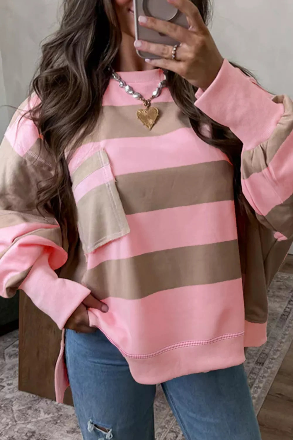 Colorblock striped oversized sweatshirt with patch pocket and split hem, by Trendsi, long sleeve casual sweatshirt for women.