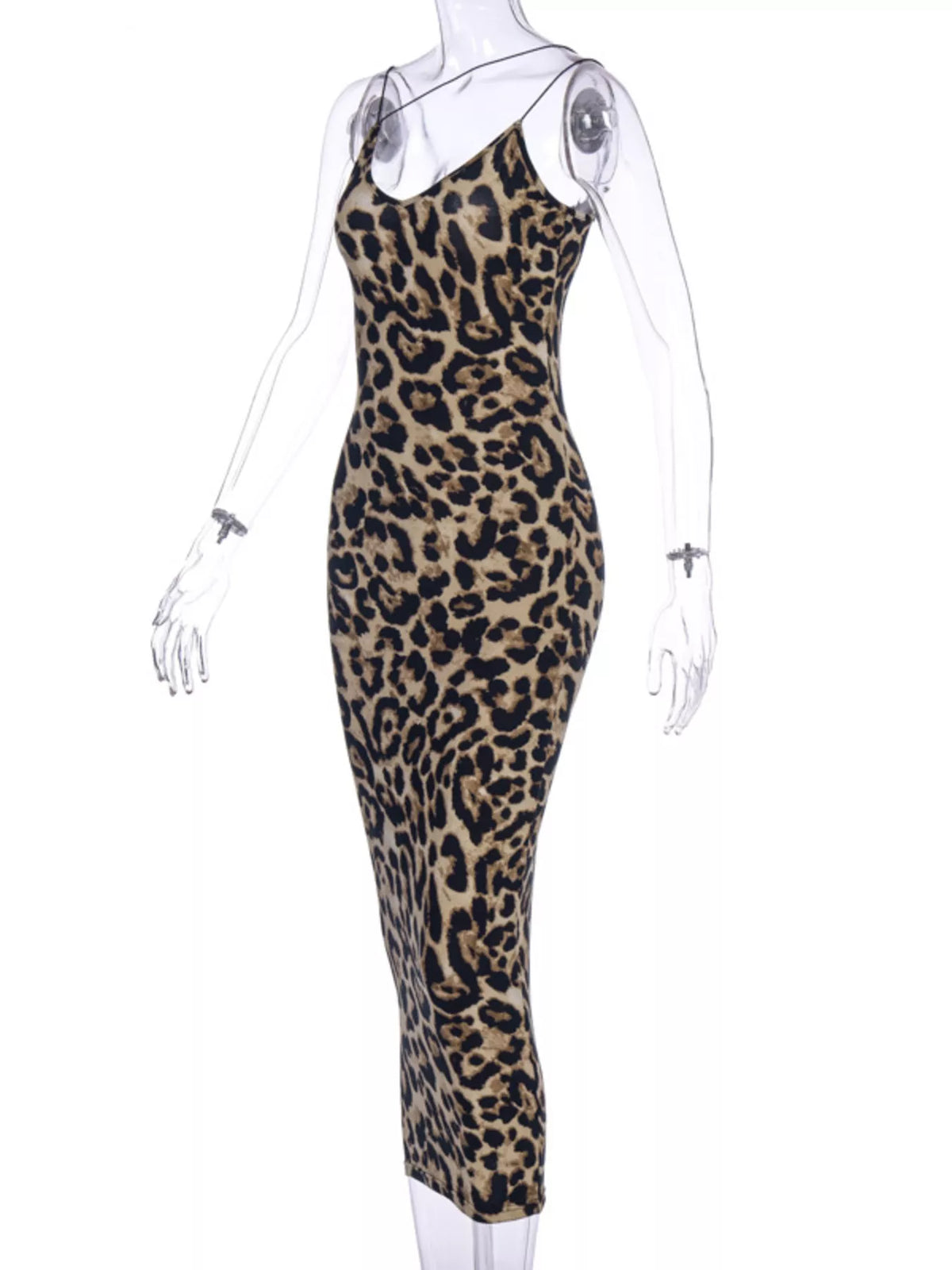 Leopard print spaghetti strap midi dress by Plush Fashion Hub, featuring a flowy silhouette and stylish design.