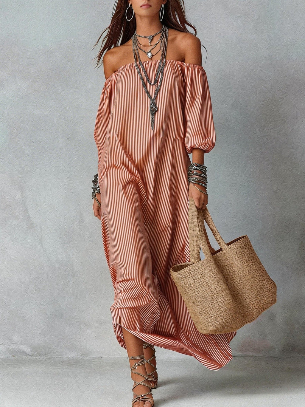 Women's striped loose-fit flared maxi dress by FitiqueFit, flowing fabric with bold horizontal stripes, perfect for holiday and vacation wear.