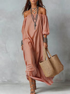 Women's striped loose-fit flared maxi dress by FitiqueFit, flowing fabric with bold horizontal stripes, perfect for holiday and vacation wear.