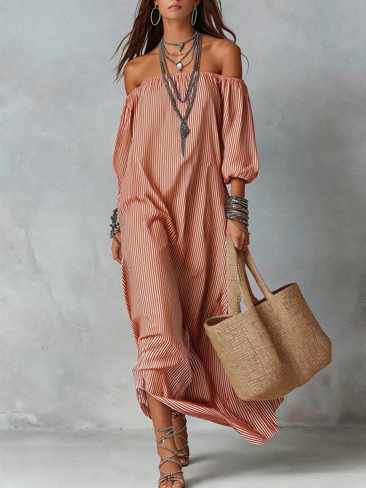 Women's striped loose-fit flared maxi dress by FitiqueFit, flowing fabric with bold horizontal stripes, perfect for holiday and vacation wear.