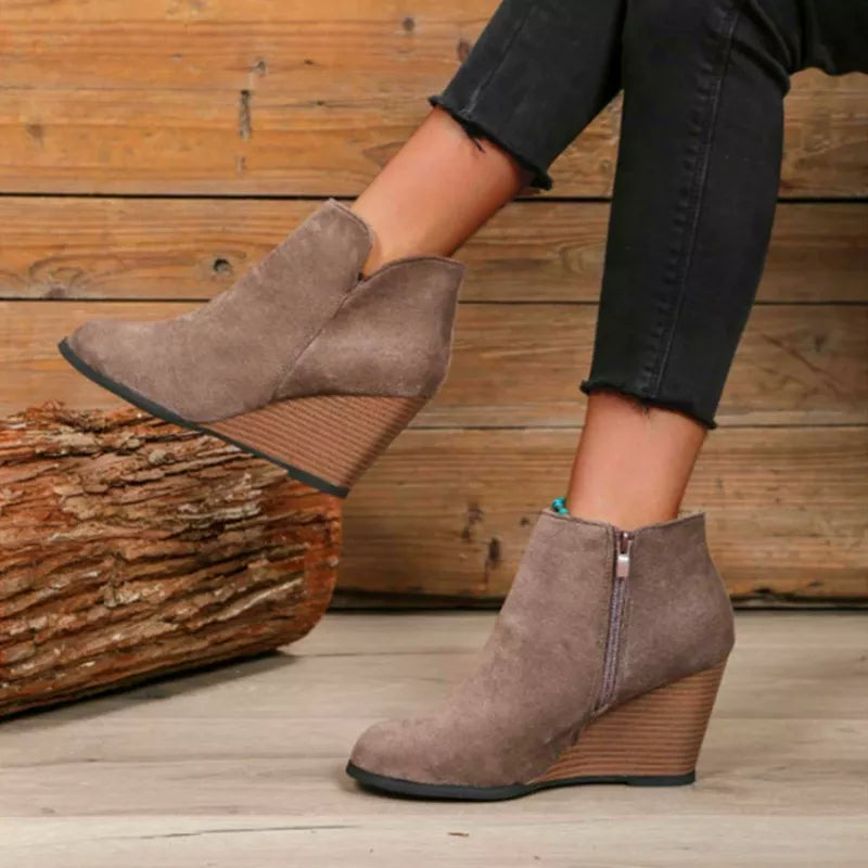 Trendsi round toe wedge ankle boots in black leather with chunky heel and ankle strap, stylish footwear for casual or dressy wear.