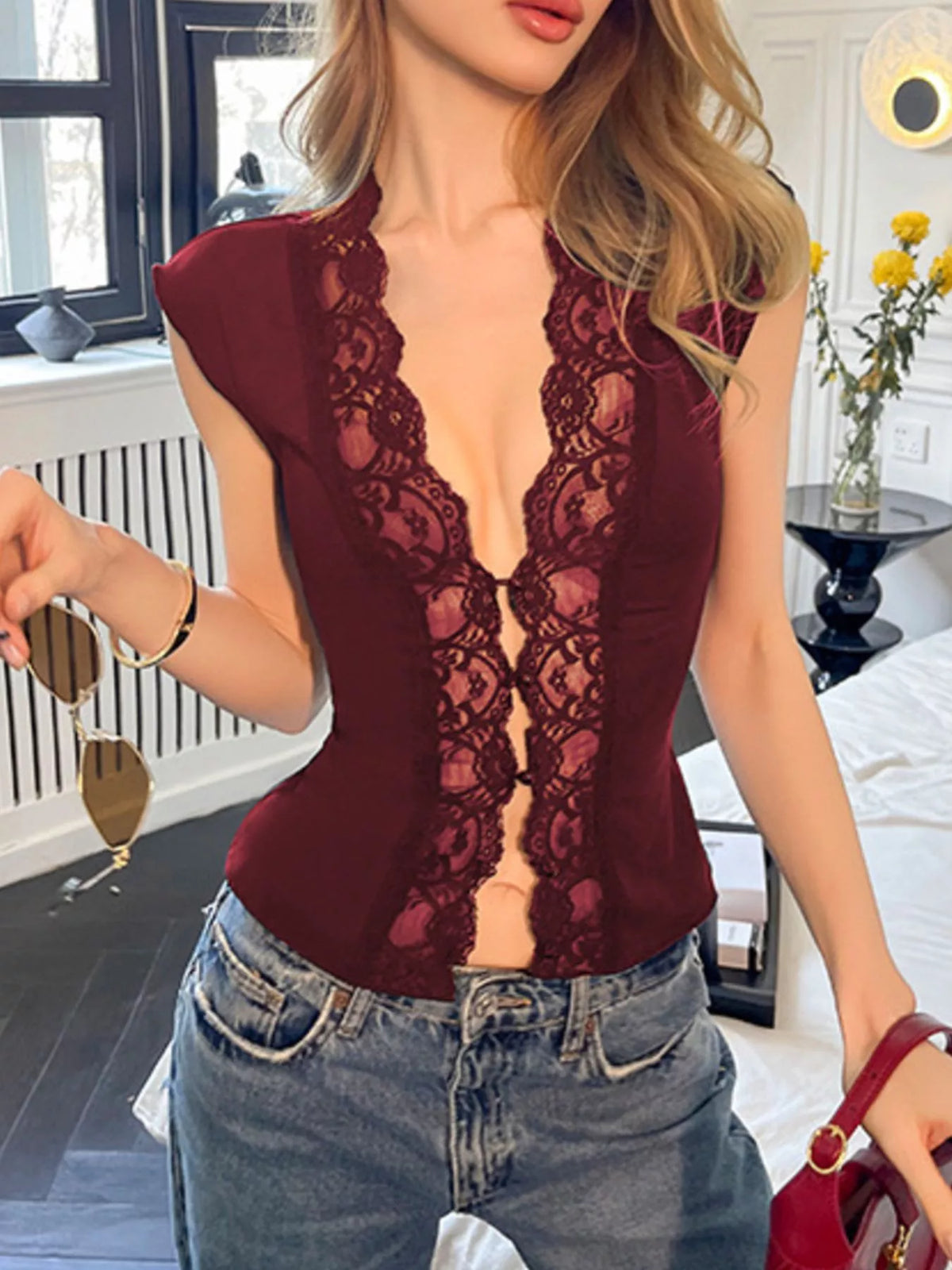 Lace trim button front vest by Plush Fashion Hub featuring delicate lace details and a stylish, fitted design.