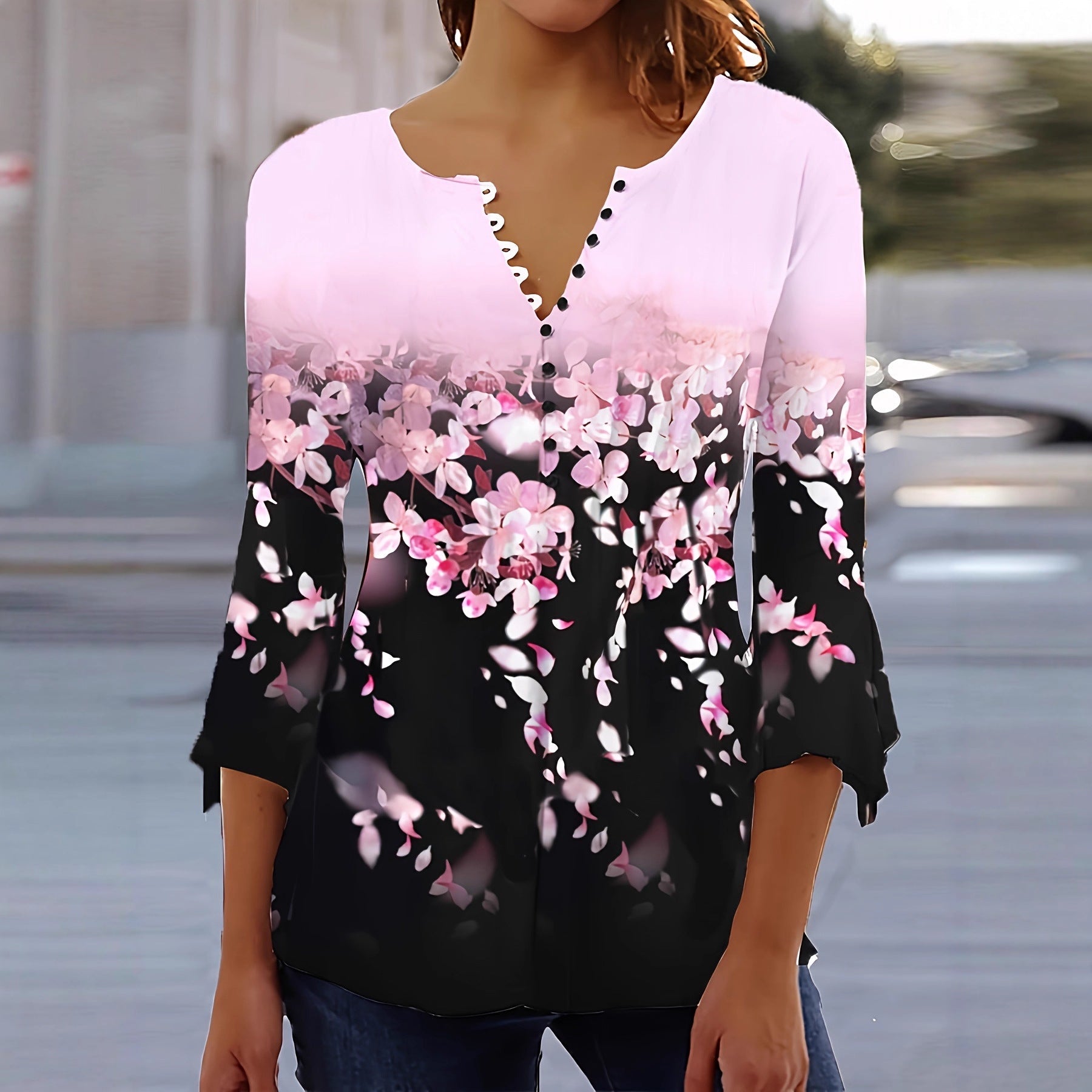 Women’s printed spike button three-quarter sleeve casual top from Plush Fashion Hub, featuring a stylish design and comfortable fit.