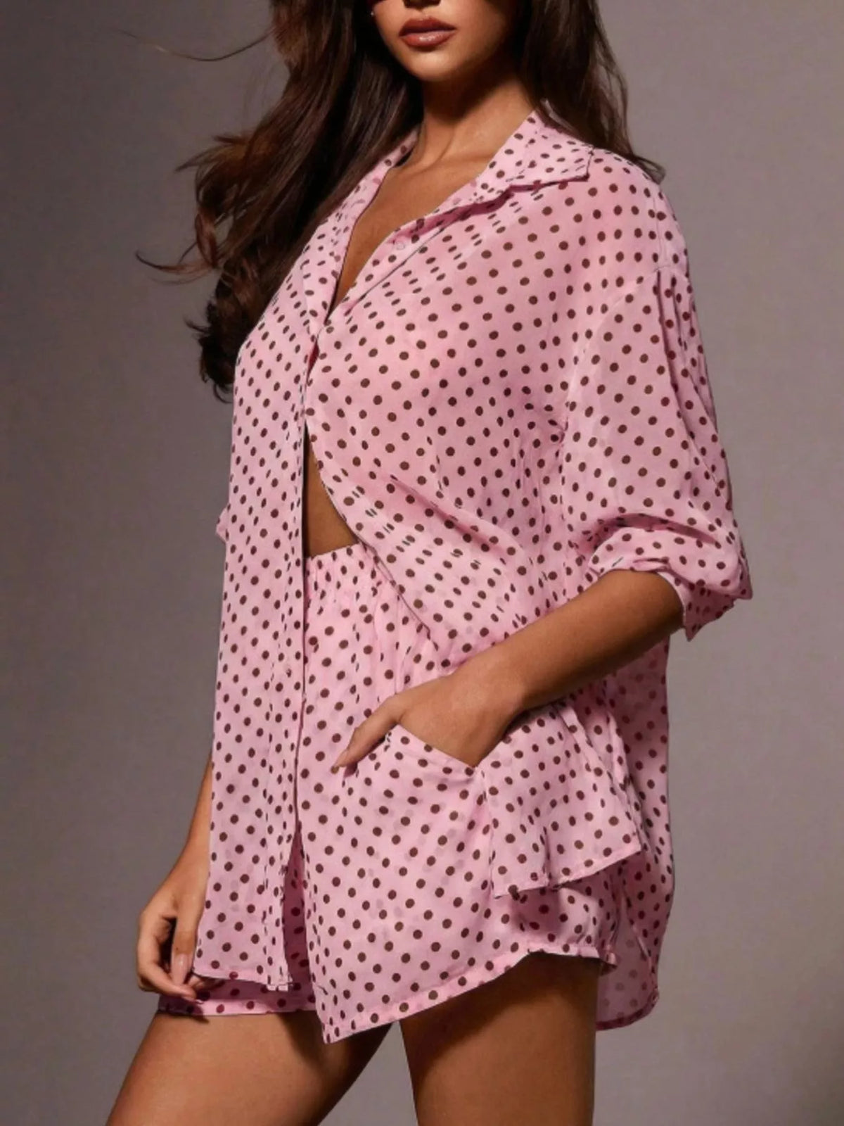 Plush Fashion Hub polka dot button-up shirt and shorts loungewear set, featuring a comfortable, casual design with playful polka dot pattern.