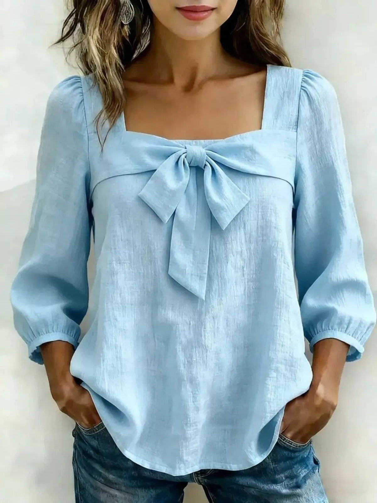 Plus size square neck bow front blouse for women, trendy trendy brand, featuring a stylish fit and feminine design.