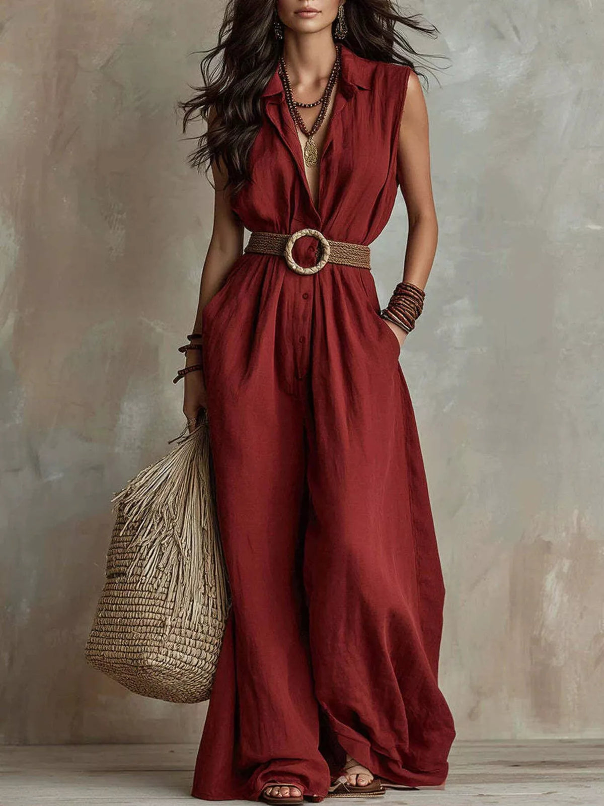 Plus size full length sleeveless wide-leg jumpsuit by Plush Fashion Hub, showcasing its flowing fabric and relaxed fit.