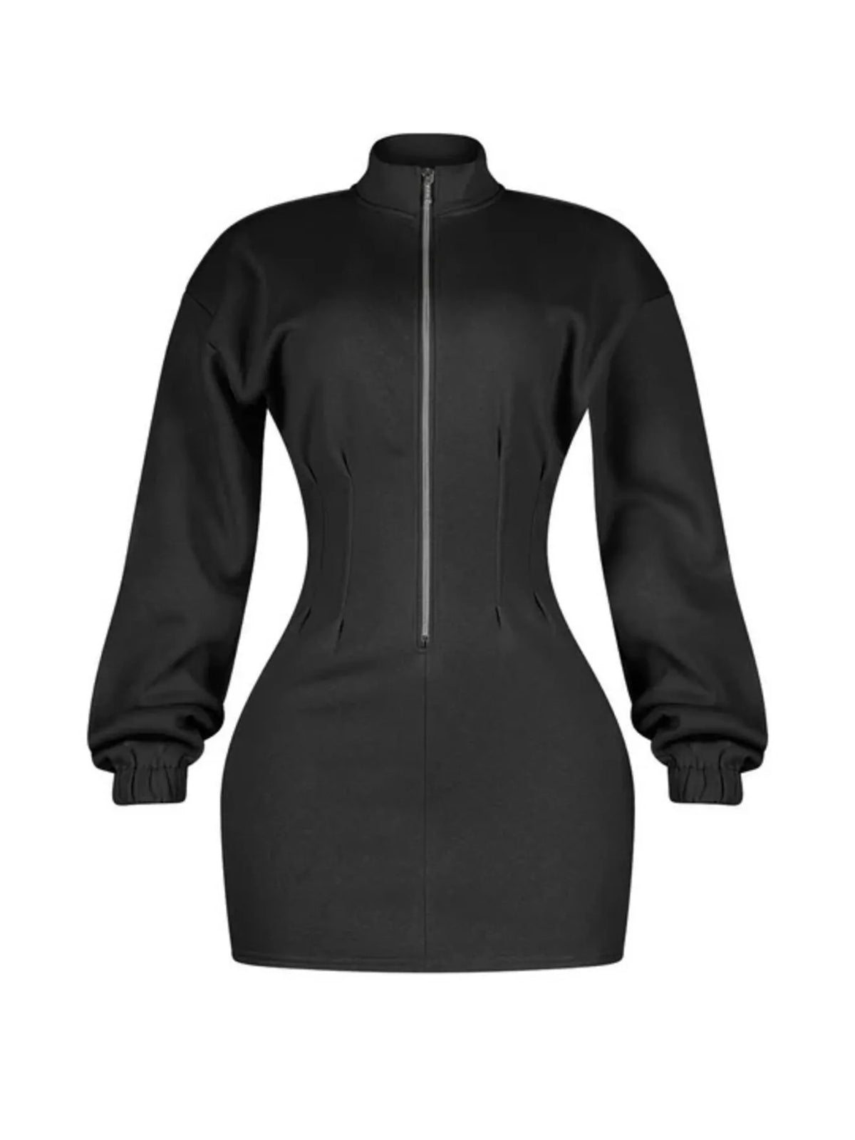 Trendi Casual Zip-Up Long Sleeve Mini Dress with a fitted silhouette and front zipper, made from soft fabric in a casual style.