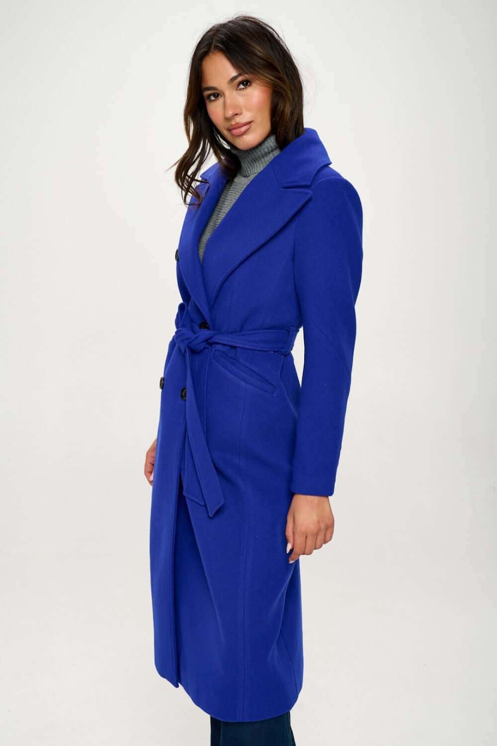 Coalition LA Double-Breasted Longline Coat with Belt in blue.