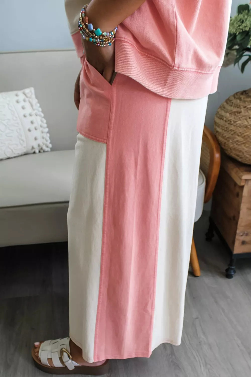 Two-tone color block patchwork loungewear set with a loose tee and drawstring pants from Plush Fashion Hub.