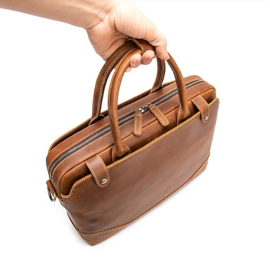 Pi-Mart Crazy Horse Leather men's briefcase with sturdy handle and classic design, perfect for professional use.