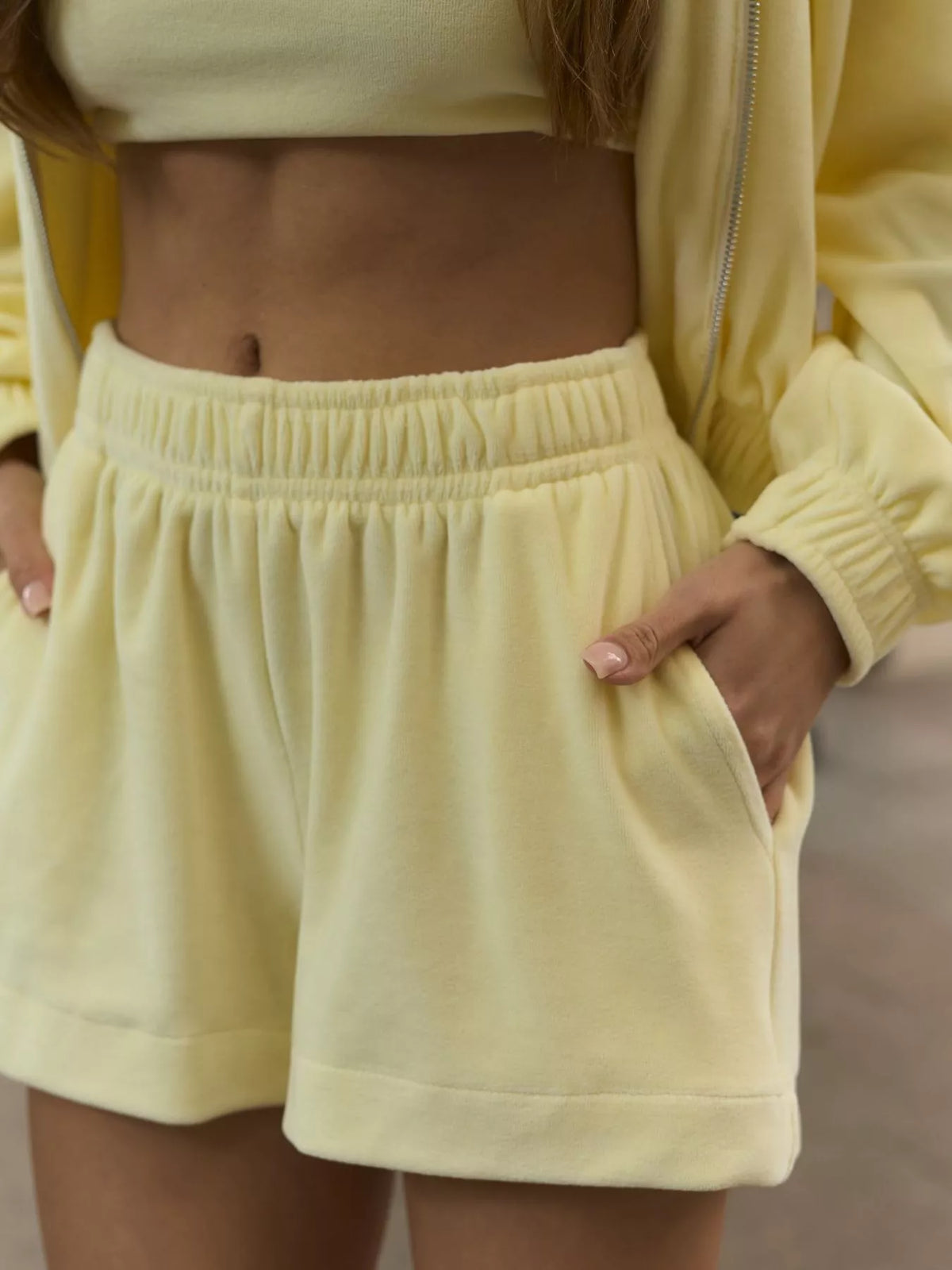 Plush Fashion Hub zip-up cropped hoodie and matching shorts set, casual shirts with front zipper, in a comfortable, stylish design.