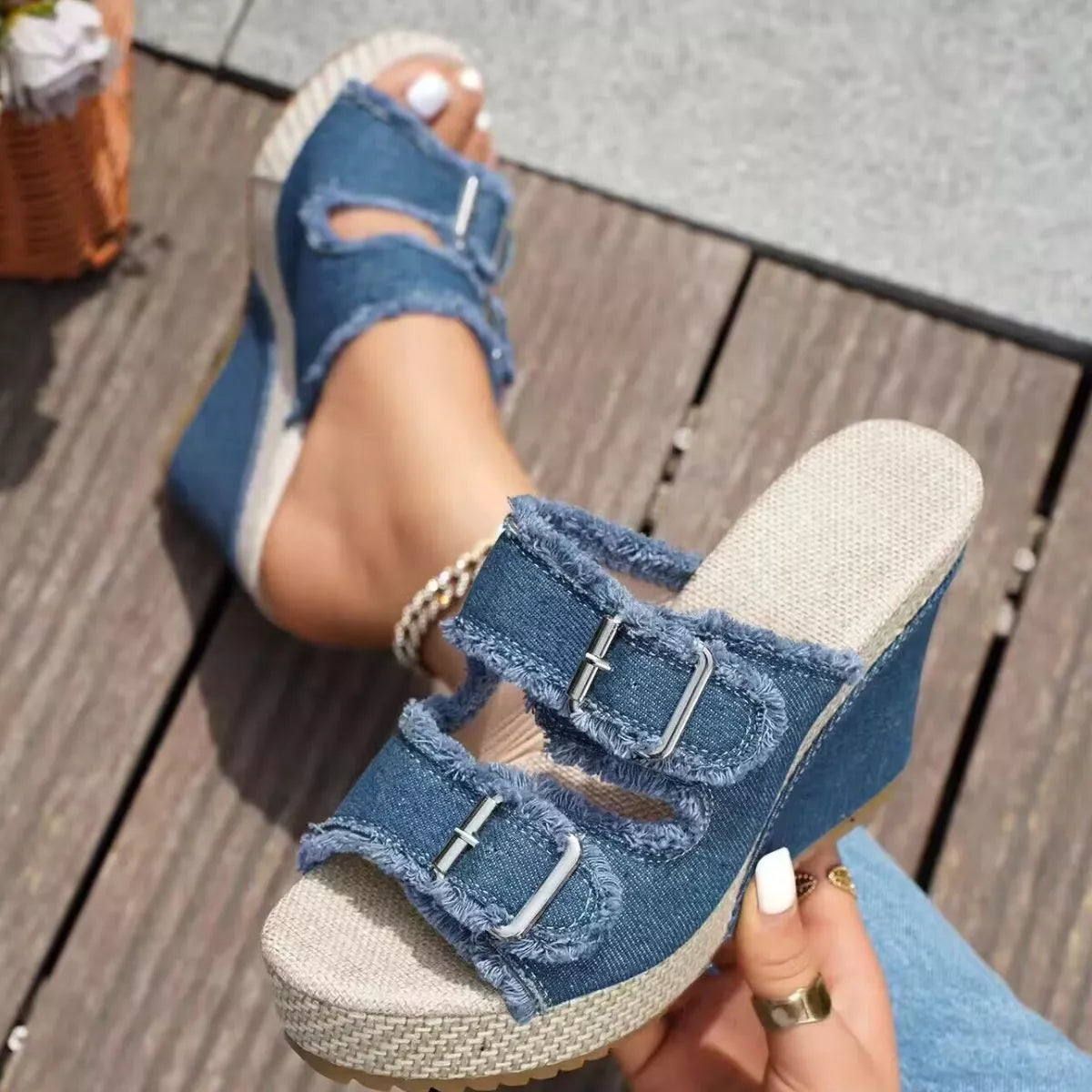 Plush Fashion Hub buckle open toe wedge sandals with ankle strap and cork wedge heel on a neutral background.