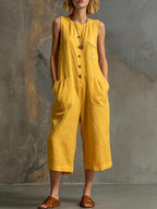 Women's retro sleeveless wide-leg cropped jumpsuit by FitiqueFit, featuring a casual, stylish design in a relaxed fit.
