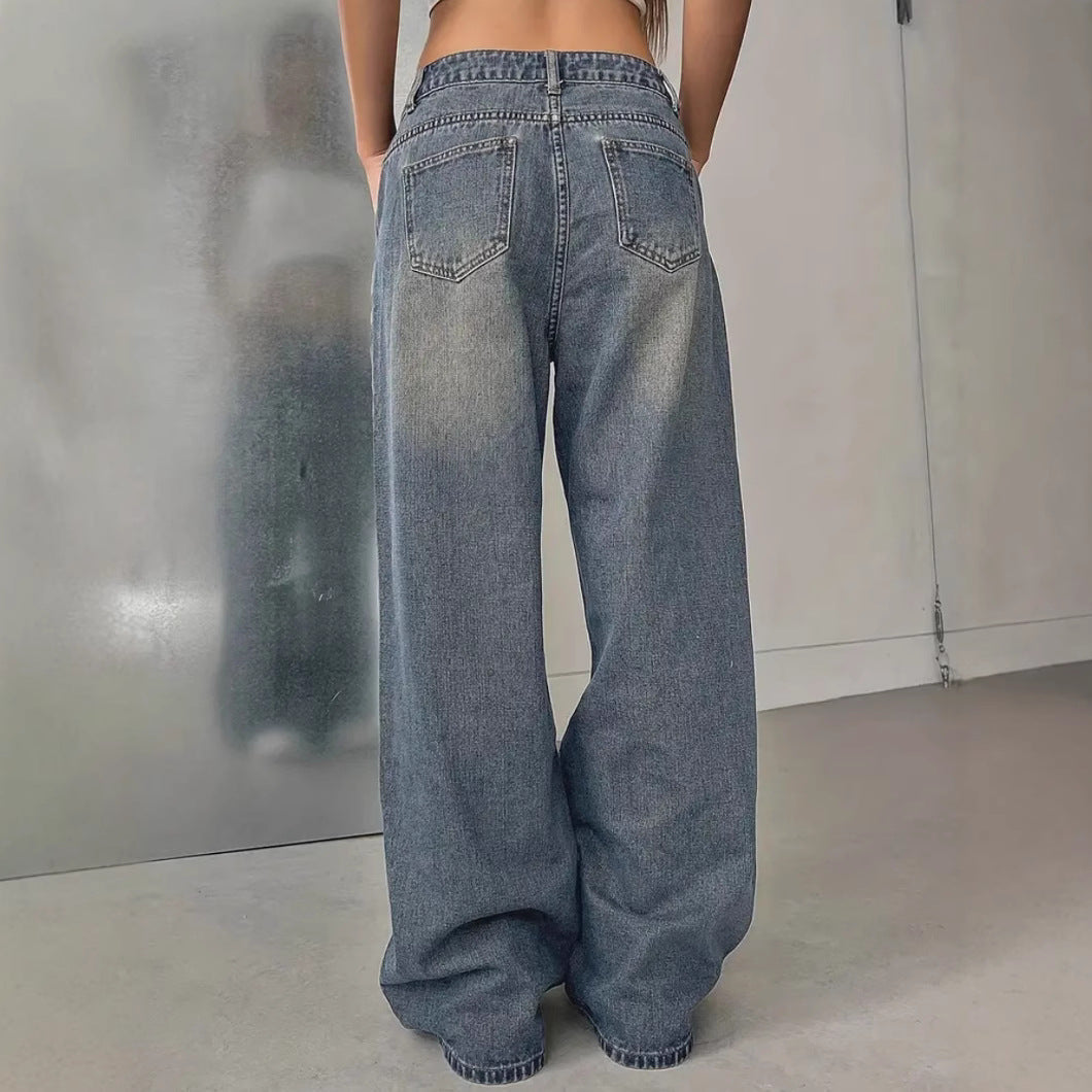 European and American women's washed vintage denim jeans by LadyShow.Store featuring classic distressed denim and high-waisted fit.