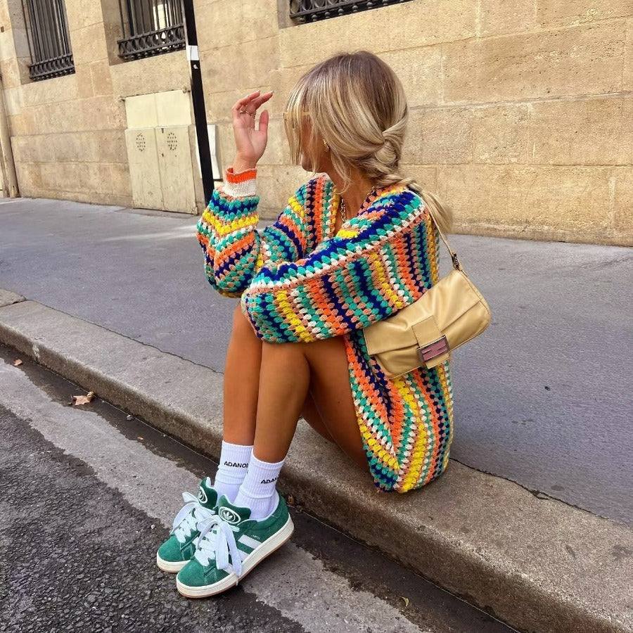 Autumn New Rainbow Long Sleeve Wide Songou Meibo SweaterElevate your fall fashion with our Autumn New Rainbow Bar Cardigan! Featuring a stylish color-matching pattern and loose fit, this street-style cardigan is made withSweaterPlush Fashions ShopPlush Fashion Shop