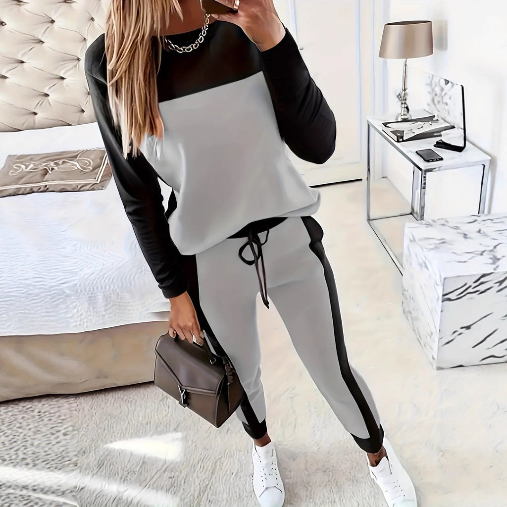 Women's Korean-style casual hoodie and pants two-piece set with patchwork design, by Plush Fashion Hub.