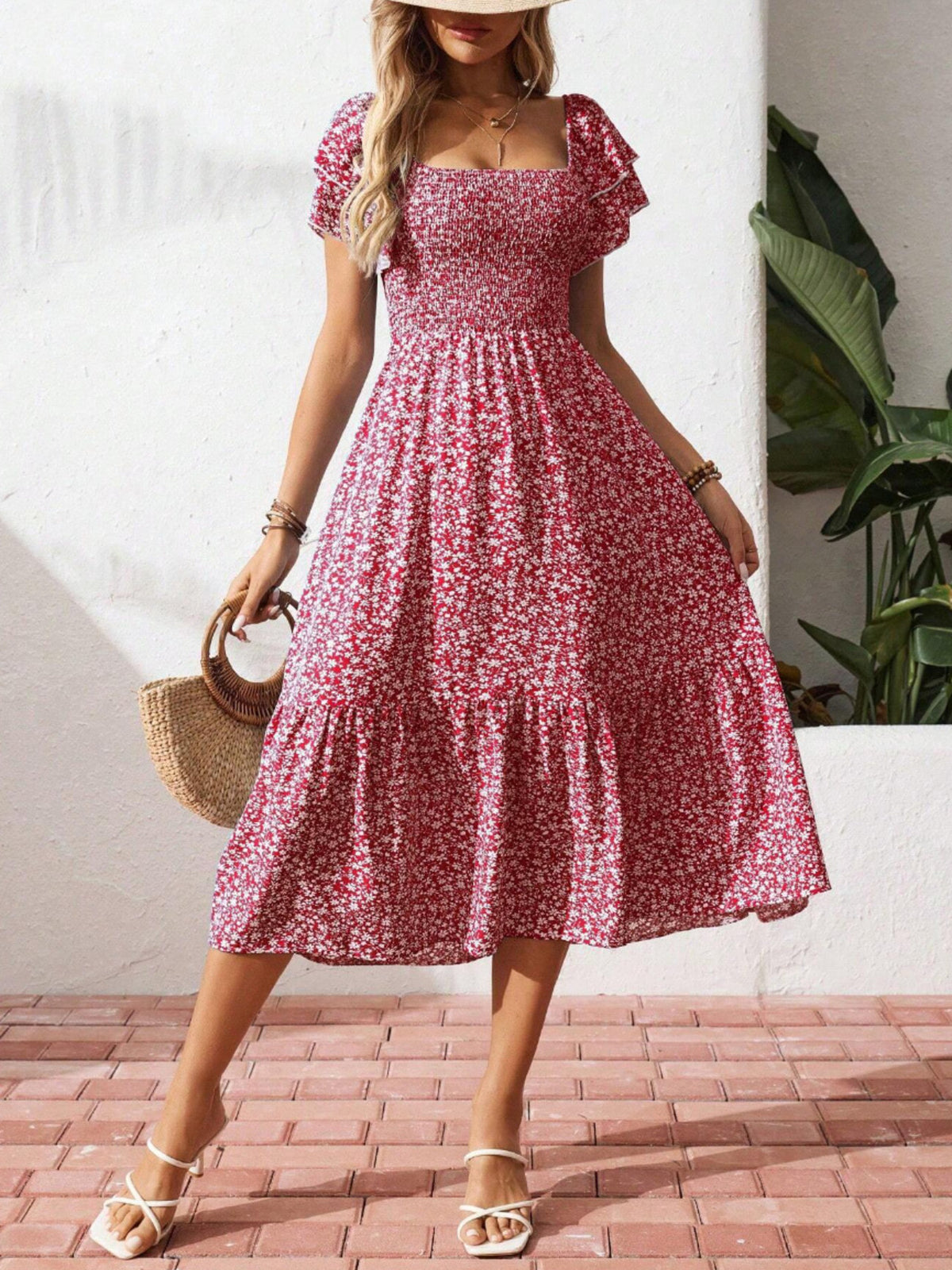 Floral print smocked ruffle sleeve midi dress in lightweight fabric, stylish summer fashion from Plush Fashion Hub.