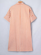 Stripe pinched V-neck mini dress by Trendsi featuring turn-up cuffs and front pockets, displayed on a mannequin.