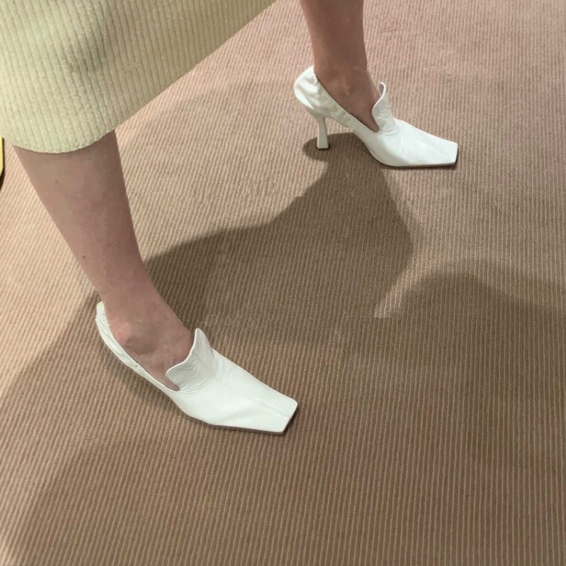 White square toe stiletto mules heels by Plush Fashion Hub, featuring sleek design and comfortable slip-on style.