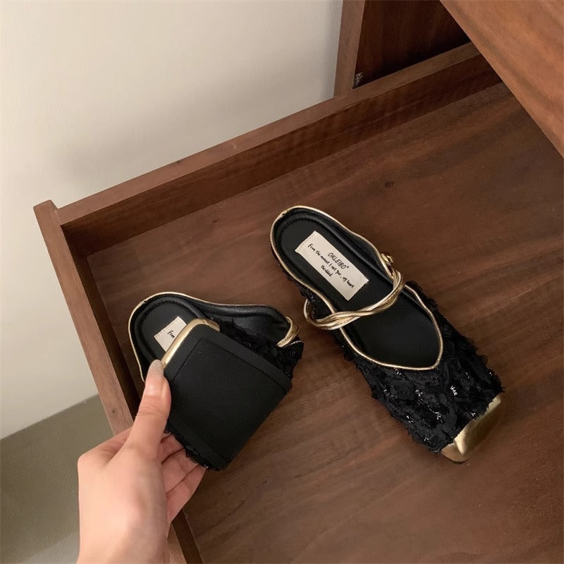 Embroidered retro-inspired Plush Fashion Hub Baotou mules sandals with intricate embroidery and chic design, perfect for stylish summer wear.