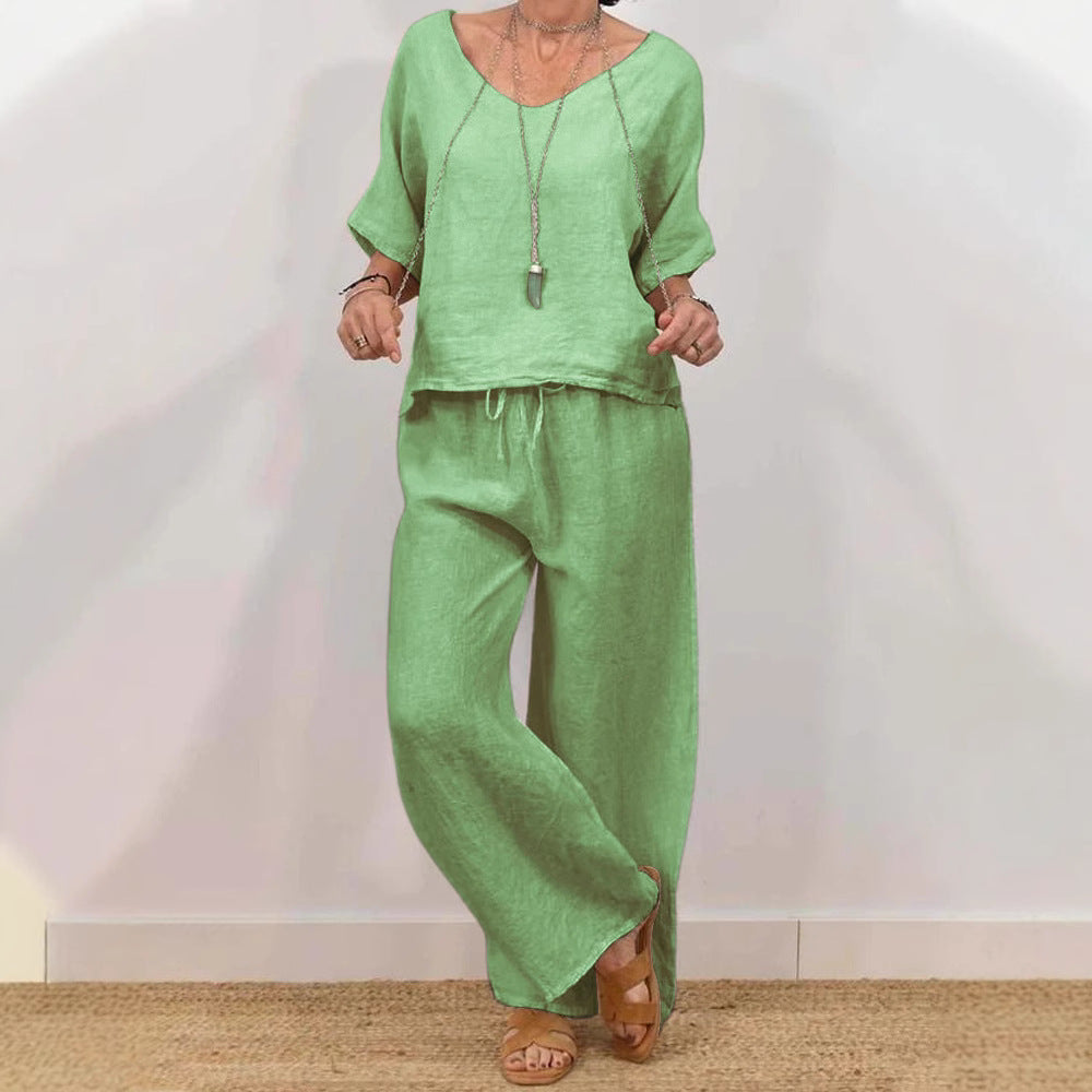 Women’s multi-color two-piece casualwear set with V-neck top and matching pants from Plush Fashion Hub, shown in a relaxed fit.