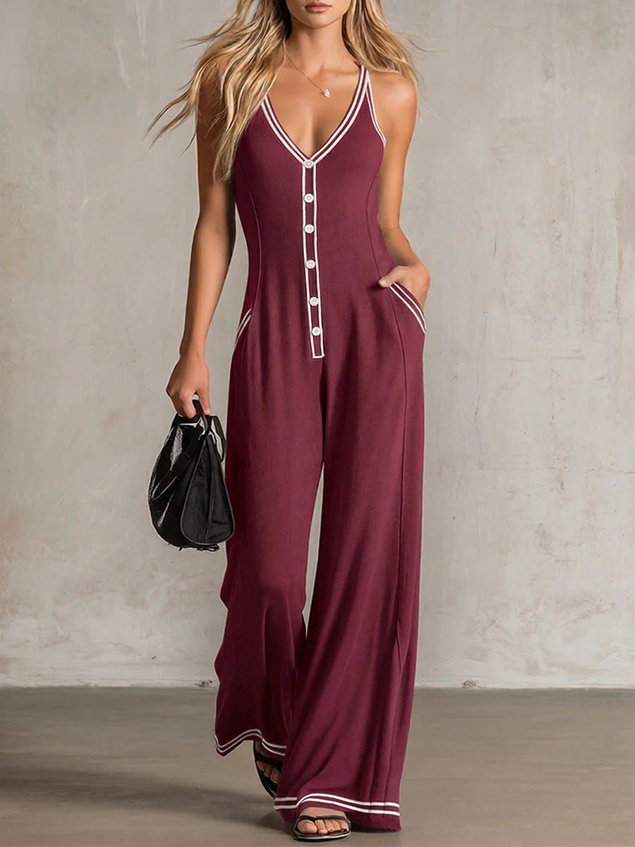 Women's V-neck backless wide-leg jumpsuit by FitiqueFit, high waist casualwear, shown in a stylish, flowing silhouette.