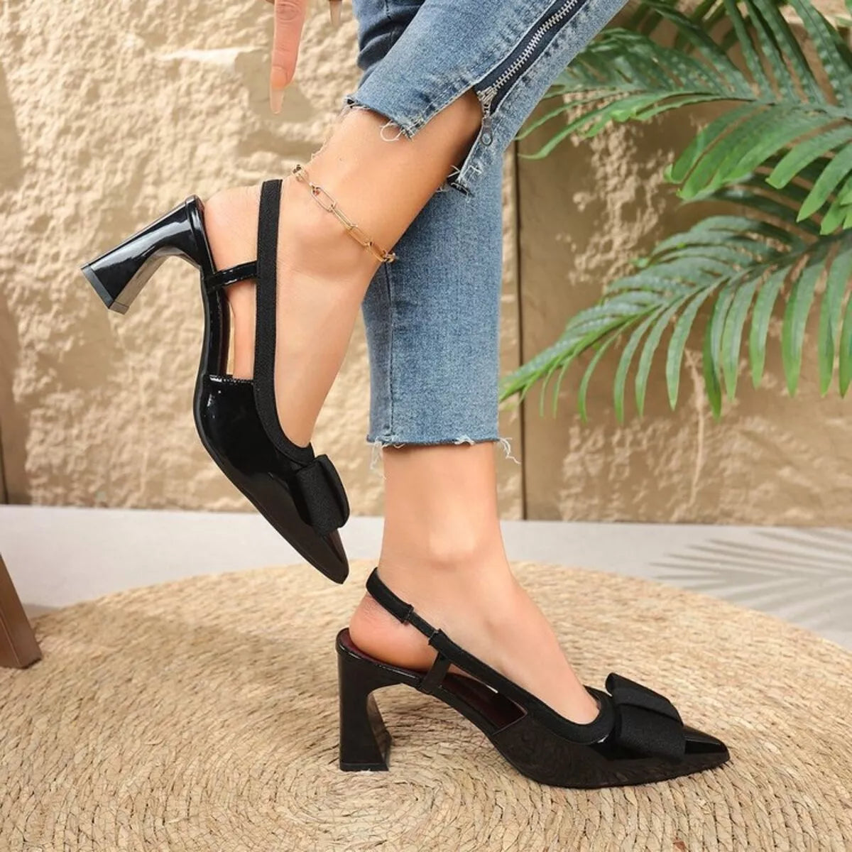 Point toe block heel slingback sandals by Trendsi, stylish footwear with a sleek design and comfortable ankle strap.