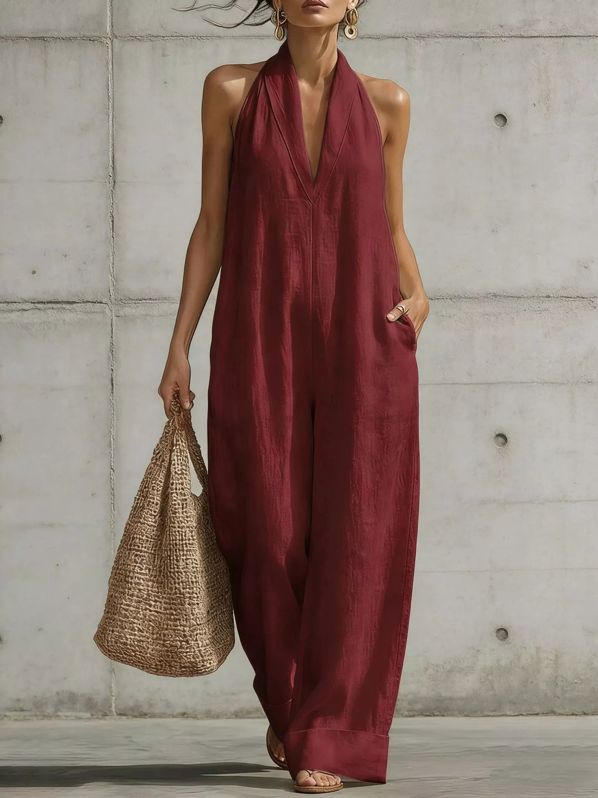 Plus size halter neck wide-leg jumpsuit by Plush Fashion Hub, front view showing stylish neckline and flowing wide-leg design.