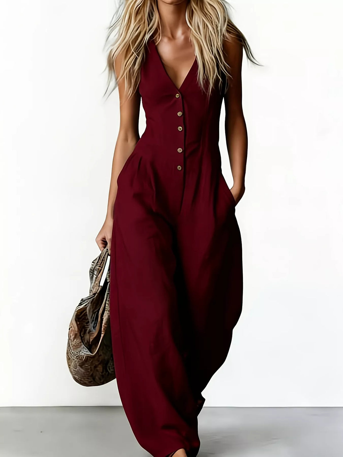 Plush Fashion Hub v-neck button-down wide-leg jumpsuit featuring a stylish, flowing design and adjustable waist.