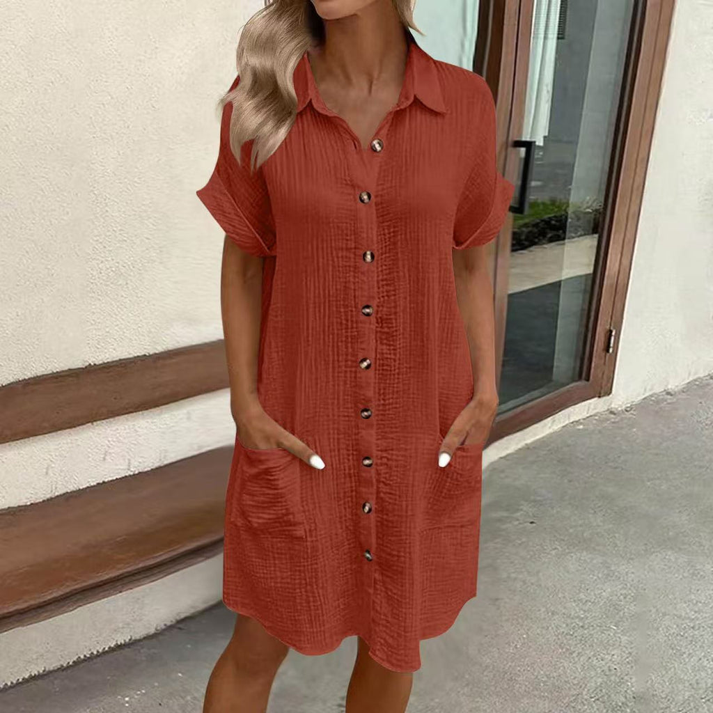 Women's casual loose-fit short-sleeve midi shirt dress with button-down front by FitiqueFit, shown in a relaxed, comfortable style.