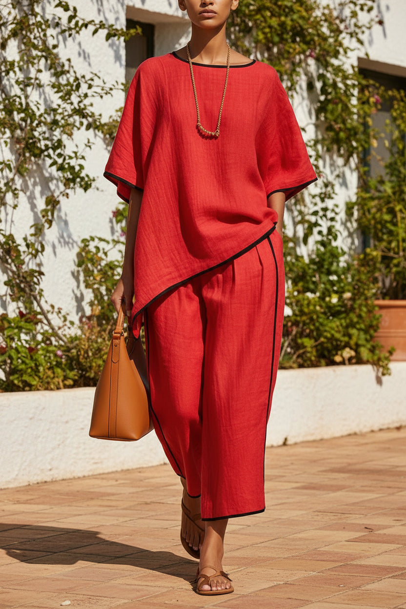 Women's casual resort loose short-sleeve top and pants set by Plush Fashion Hub, featuring comfortable, relaxed-fit casualwear.