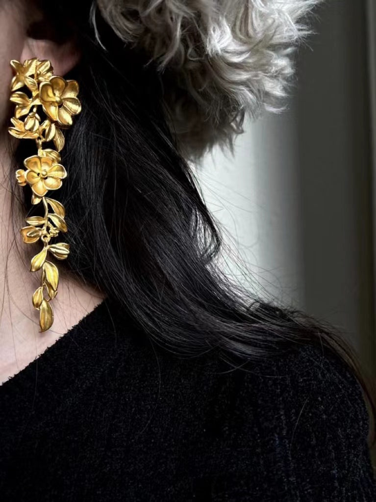 Gold Flower Long Leaf Earrings Plush Fashion Hub